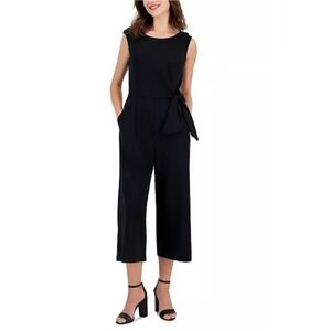 Tahari ASL Black Sleeveless Side Tie Cropped Jumpsuit Wide Leg Size 12 NWT